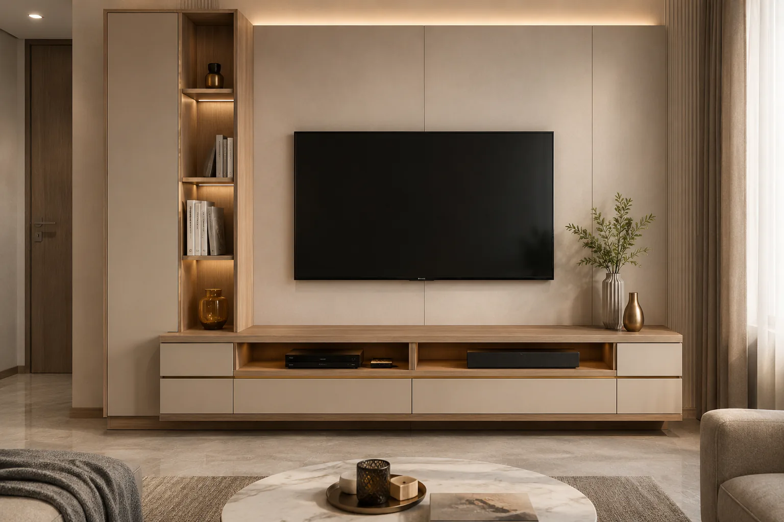 compact tv cabinet for apartment living room 2 by Reedify Modulars Rohtak