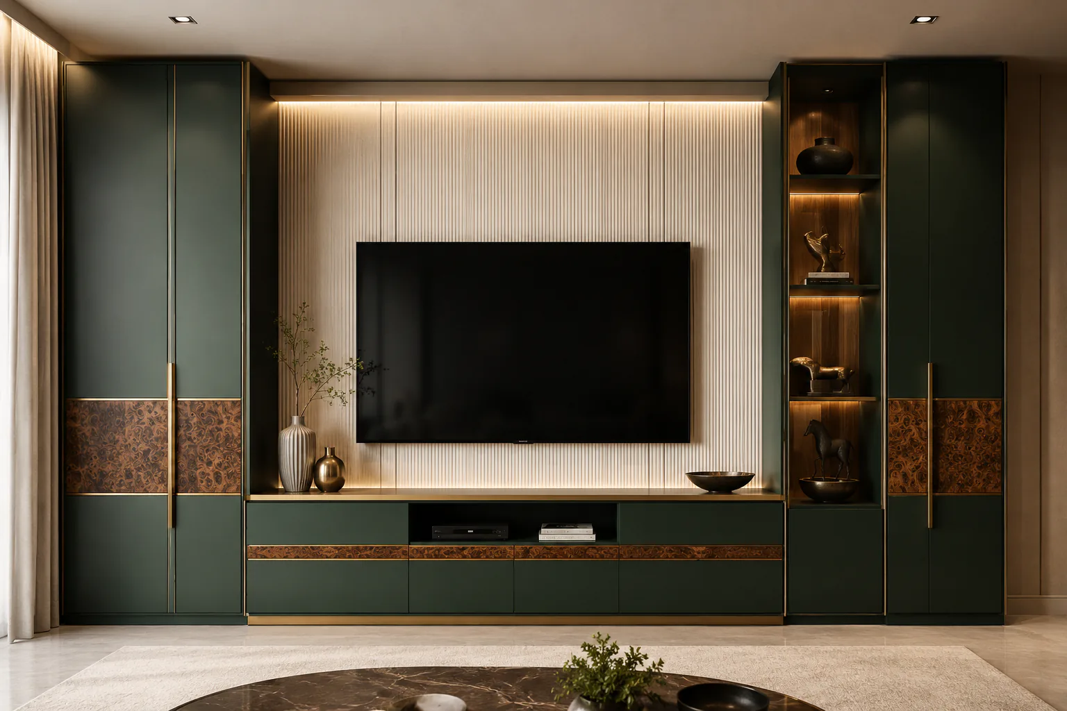 emerald lacquer tv cabinet with burl wood accent by Reedify Modulars Rohtak