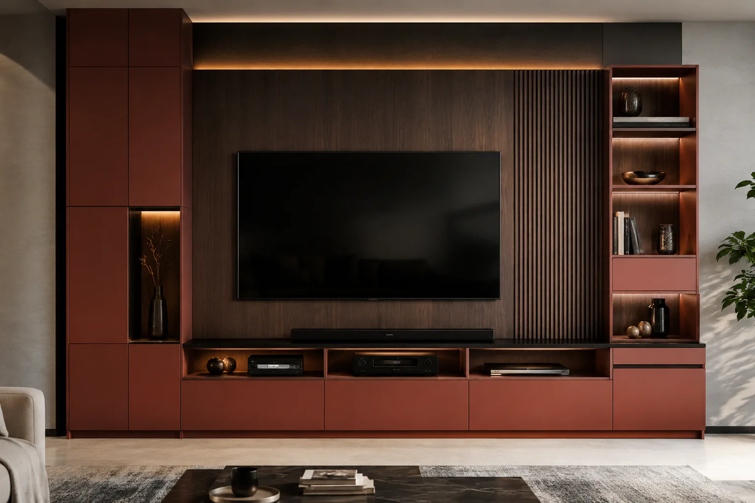 oxide red tv cabinet with smoked maple details by Reedify Modulars Rohtak
