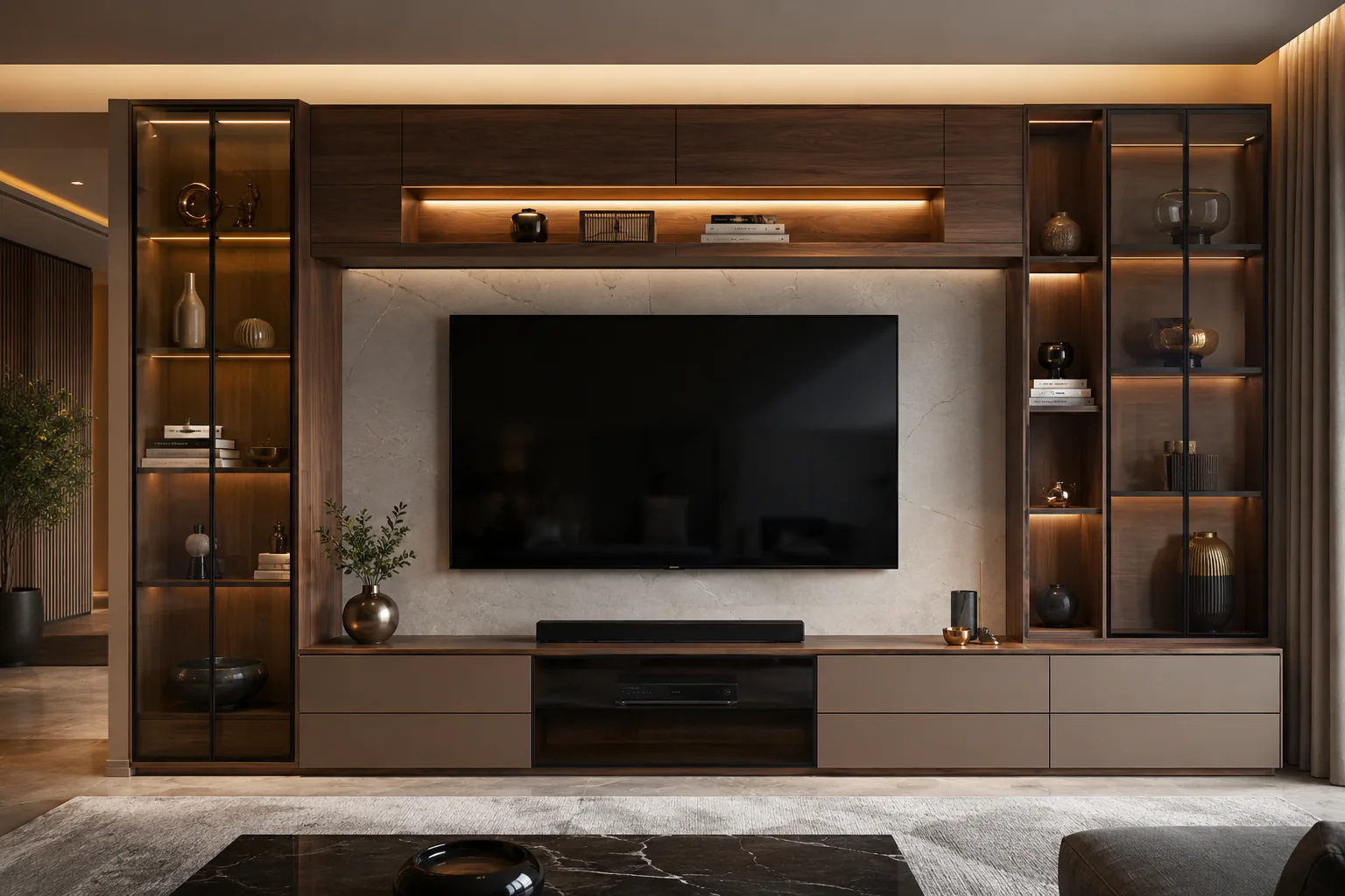 tv cabinet with glass display section by Reedify Modulars Rohtak