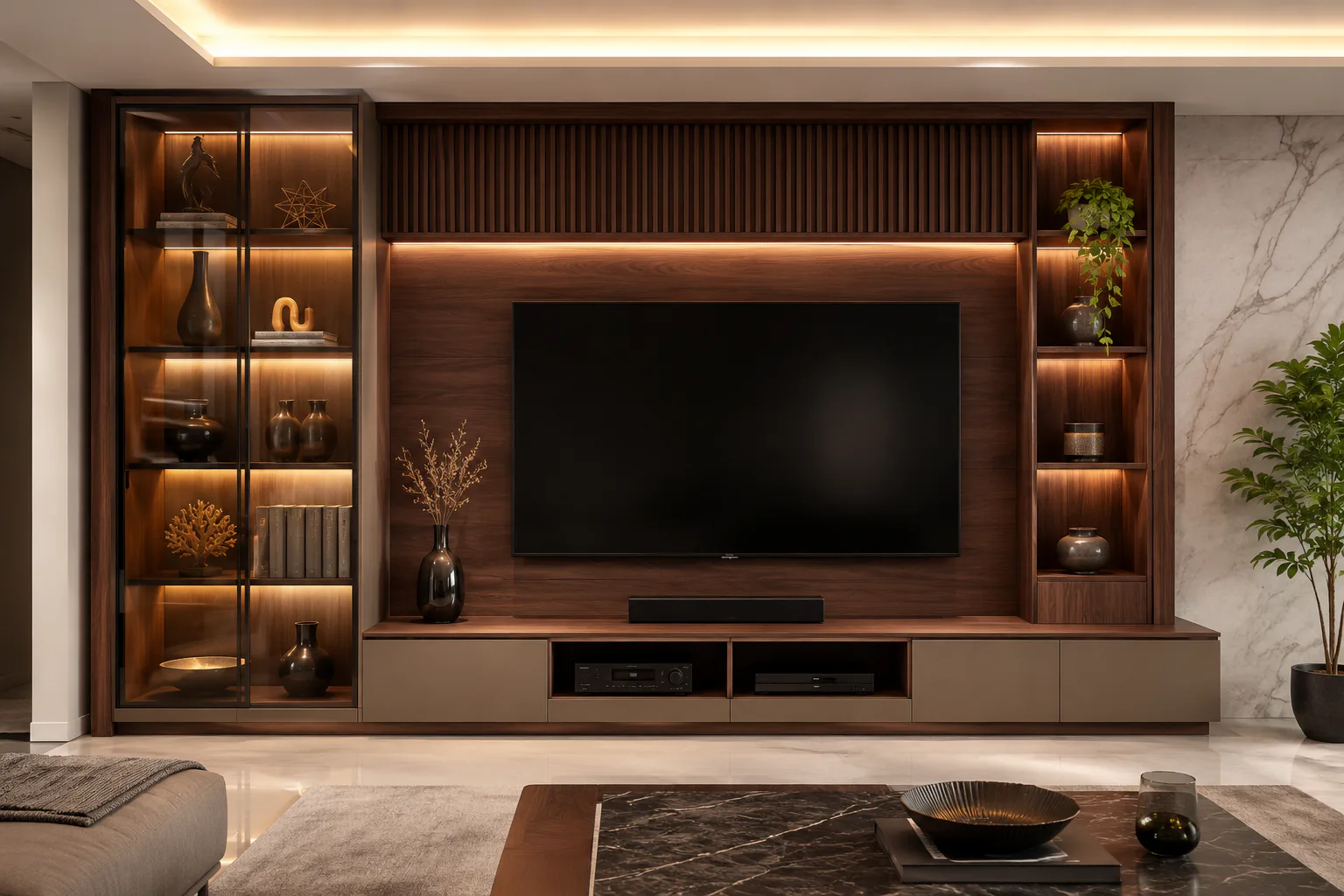 TV unit with crockery showcase and display shelves
