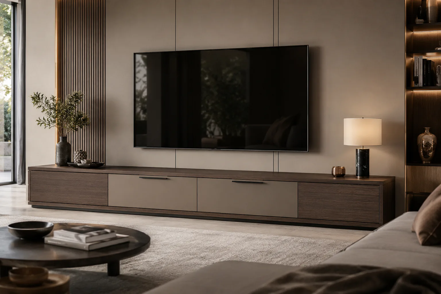 floor mounted wooden tv console by Reedify Modulars Rohtak