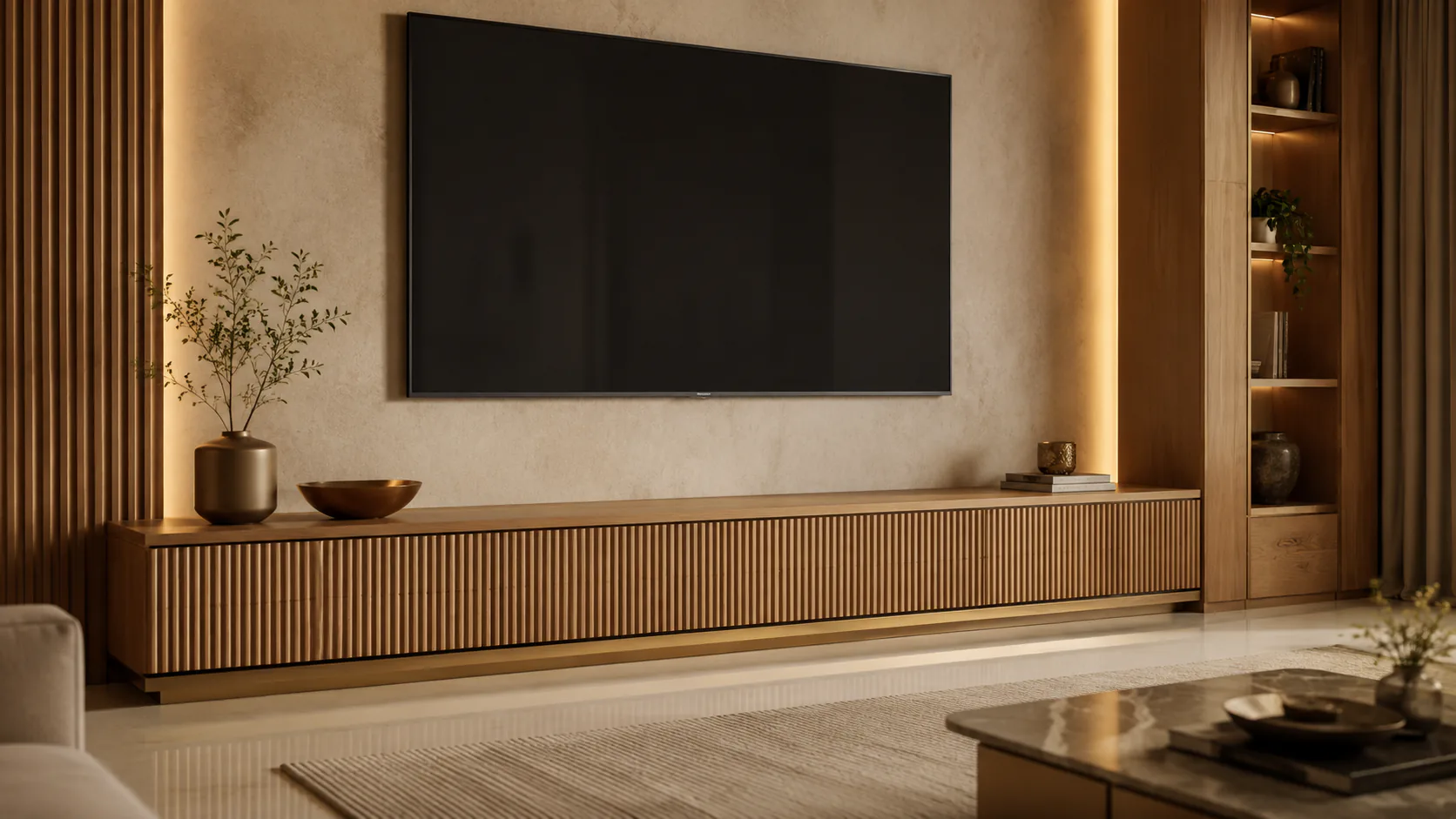 fluted wooden tv console by Reedify Modulars Rohtak