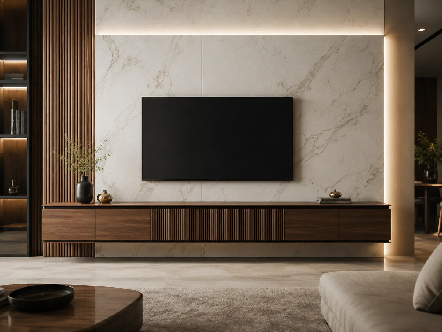 marble backdrop tv console by Reedify Modulars Rohtak