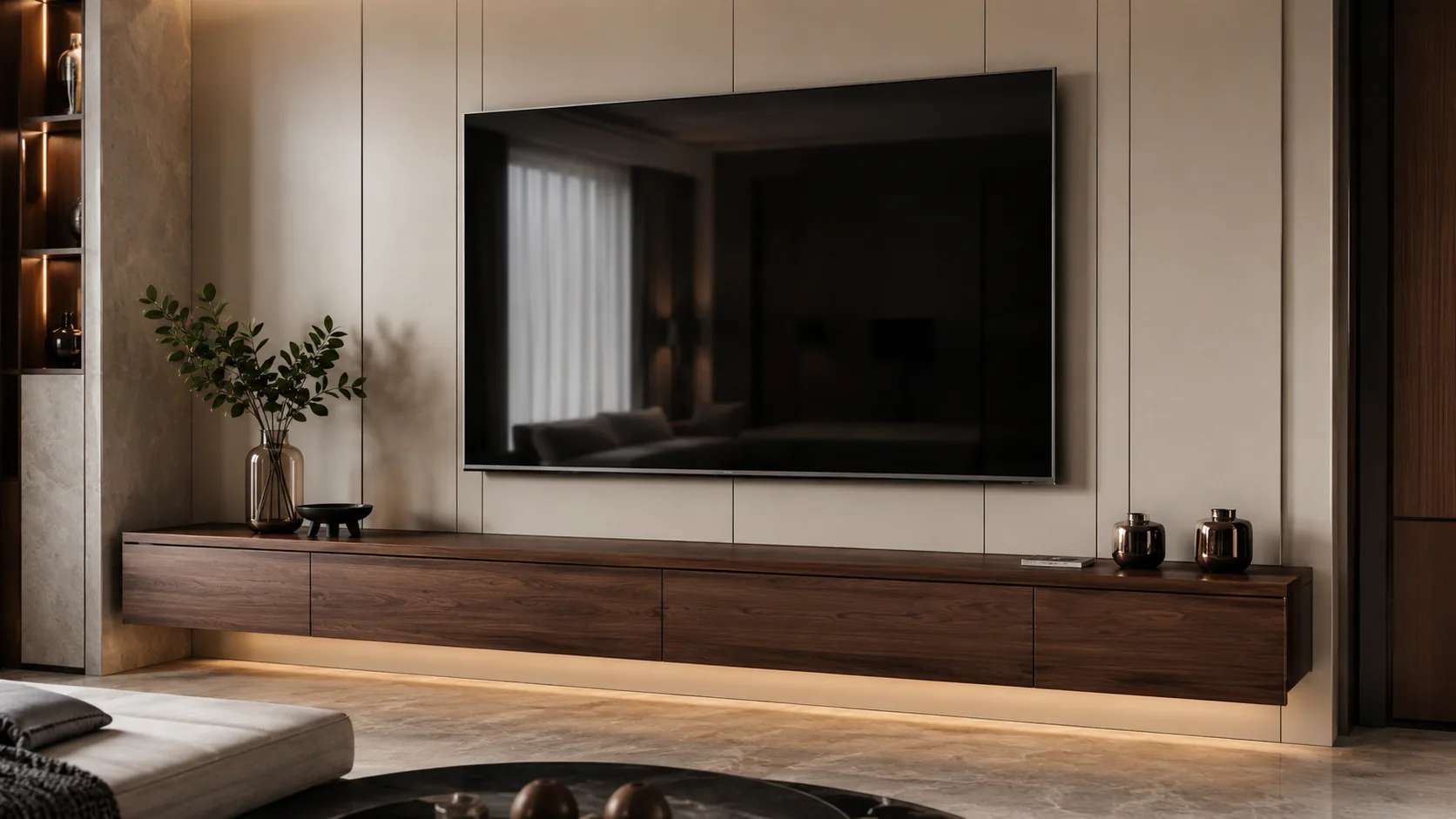 walnut floating tv console by Reedify Modulars Rohtak