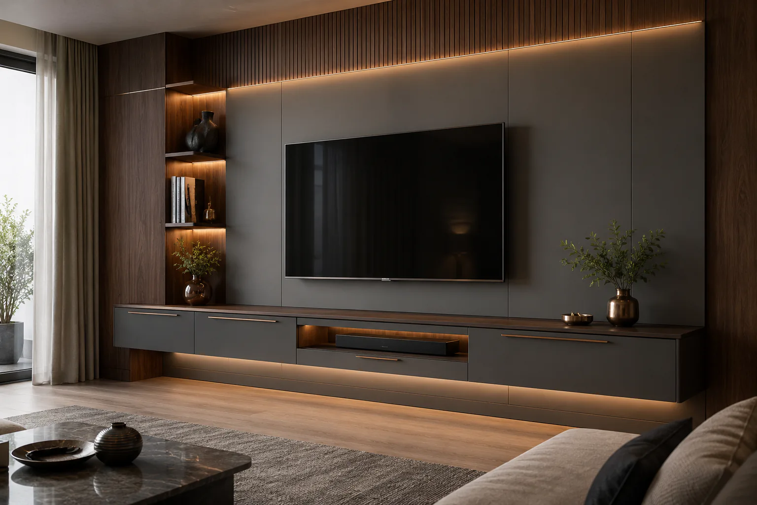 smoked grey wall mounted tv cabinet 1 by Reedify Modulars Rohtak
