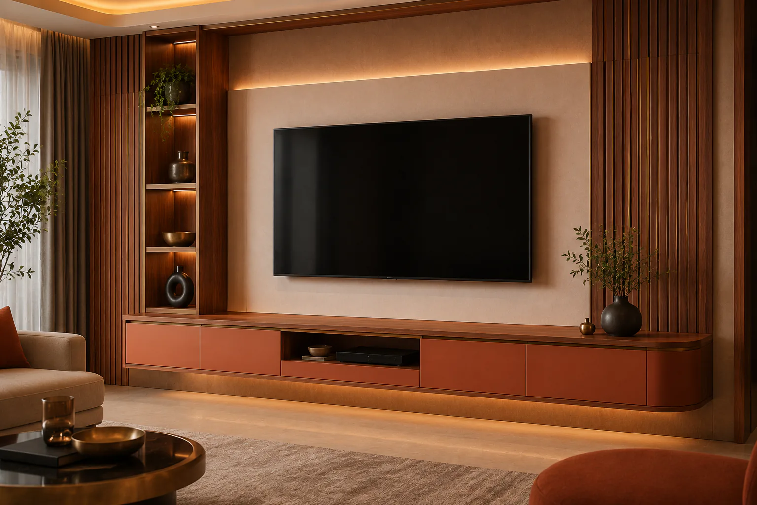 terracotta and teak floating tv cabinet by Reedify Modulars Rohtak