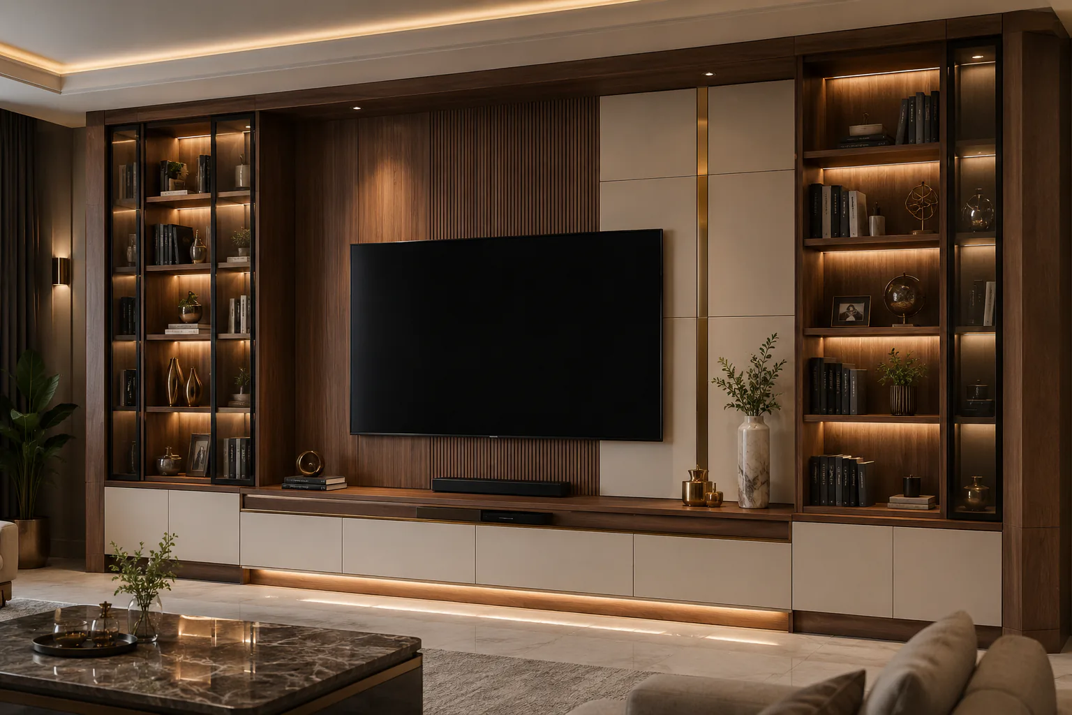 tv unit with bookshelf wall by Reedify Modulars Rohtak
