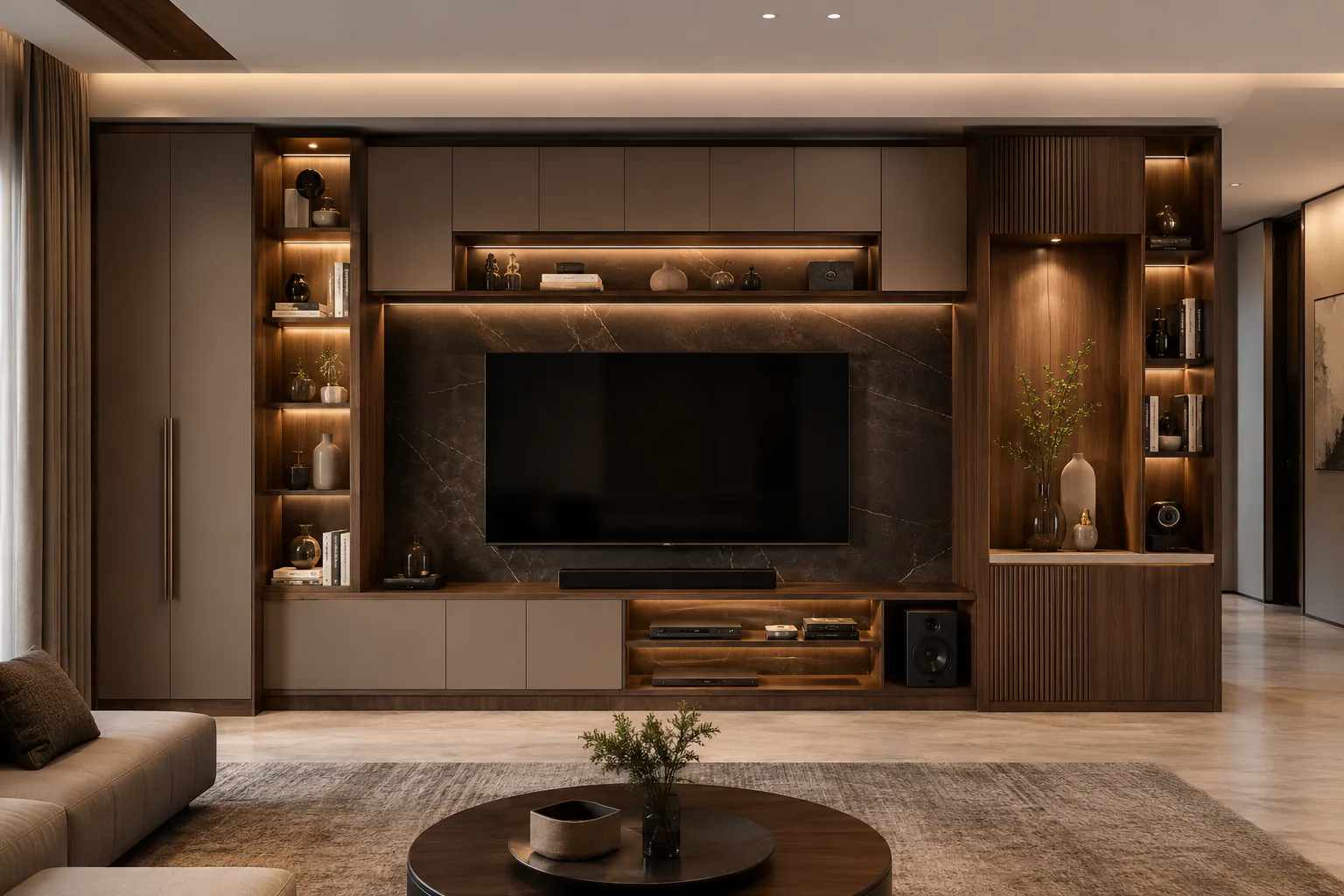TV unit with display shelves and LED lighting