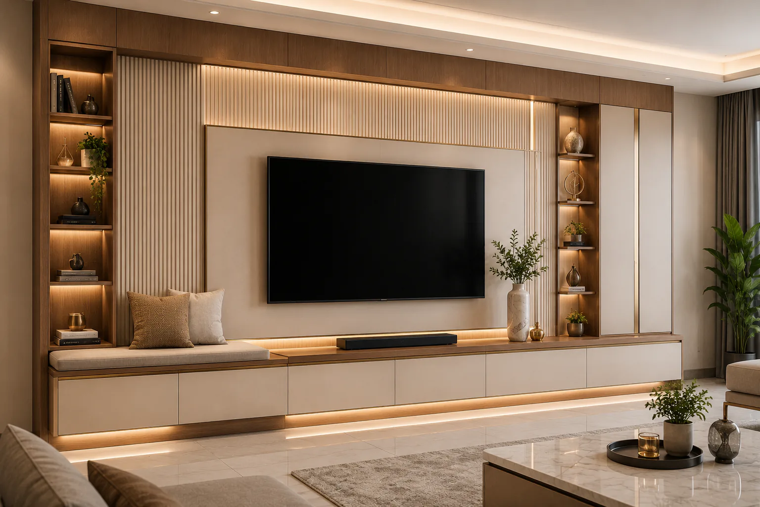 tv unit with seating ledge by Reedify Modulars Rohtak