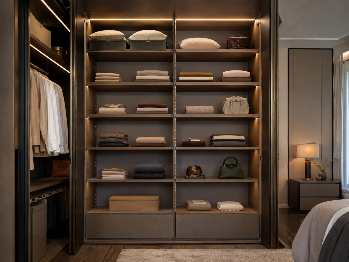 adjustable shelf system for folded clothes and bags in modular wardrobe