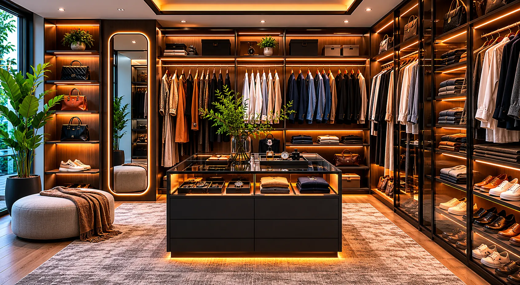 Walk-in wardrobe with custom lighting and shelves