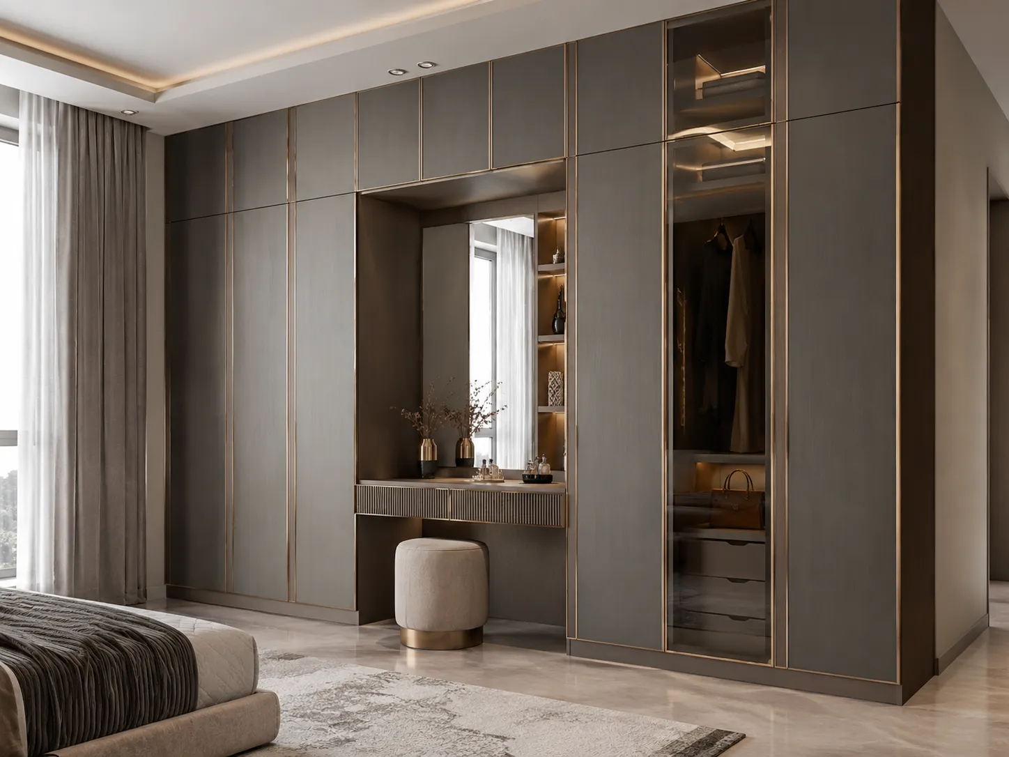 Wardrobe with compact dressing table unit