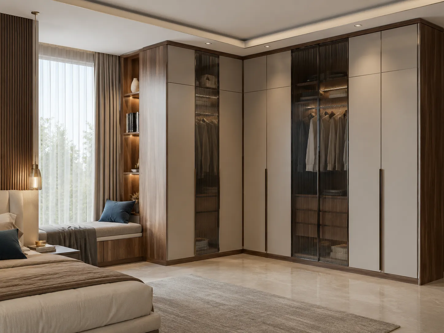 Wardrobe with cushioned sitting bench