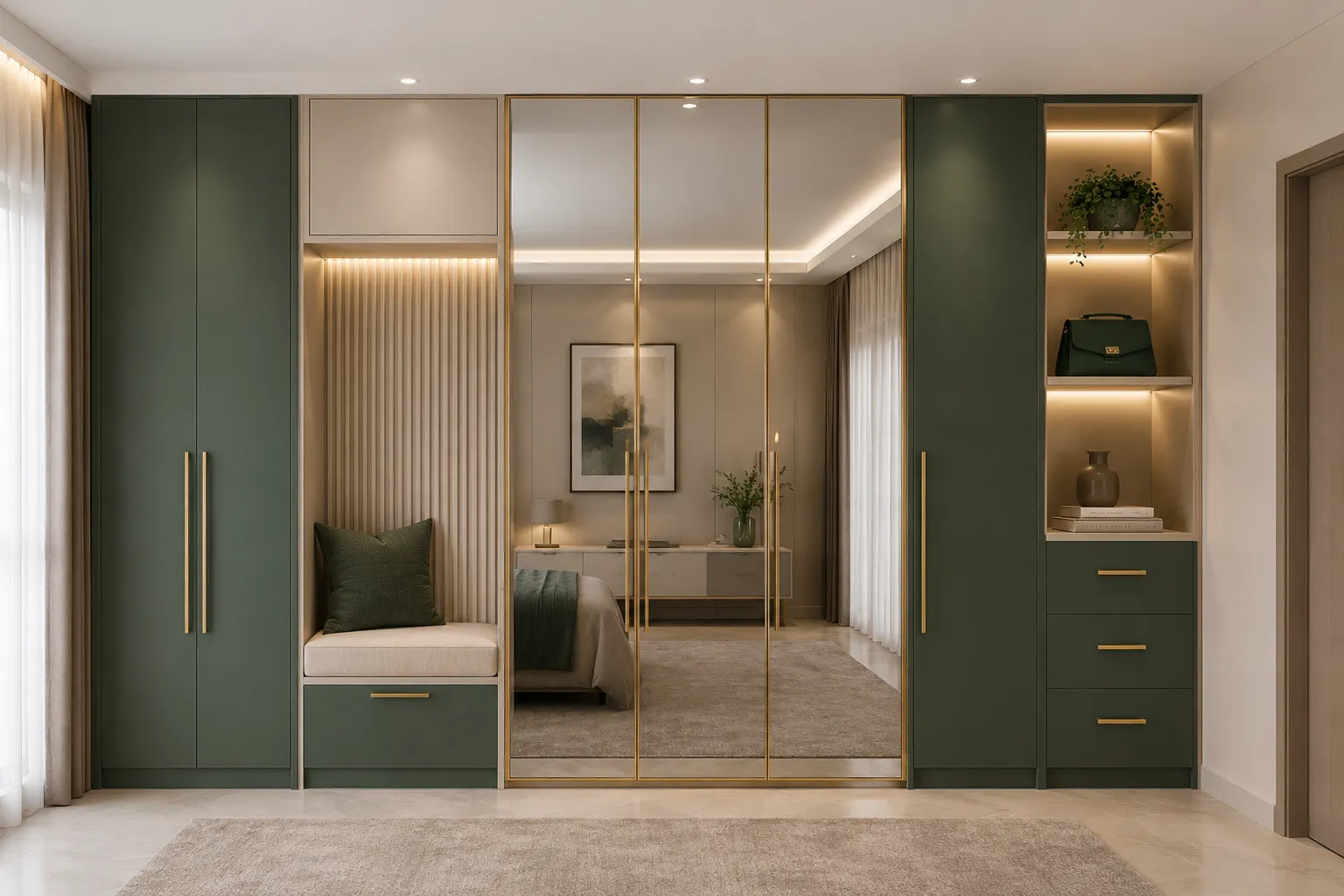 Wardrobe with sitting stool and mirror