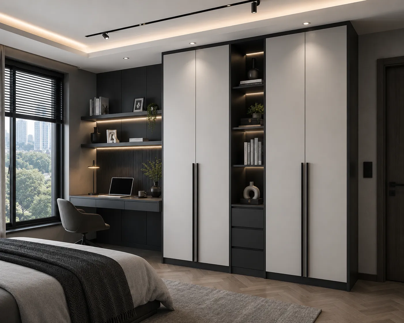 Wardrobe with study counter and storage shelves