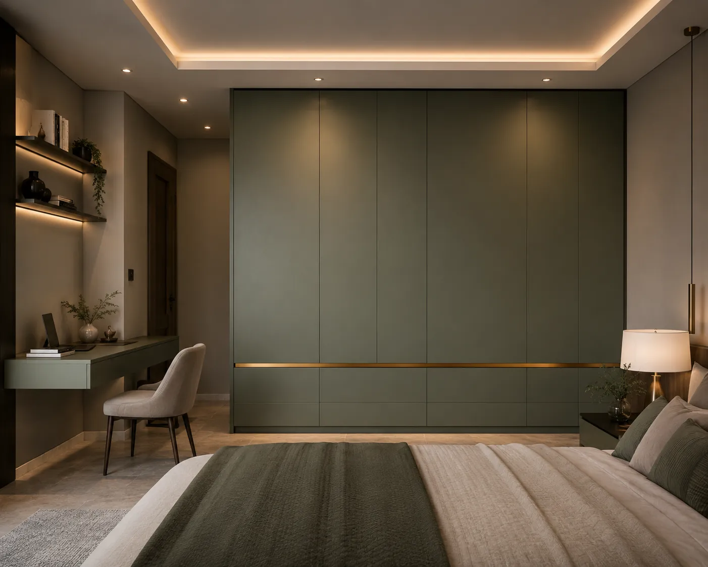 Wardrobe with study table and overhead storage