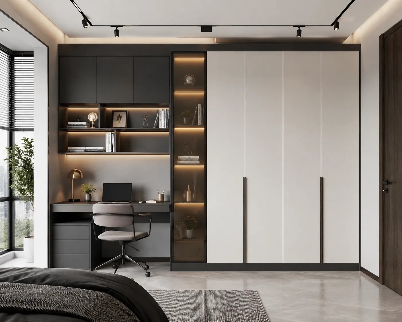 Wardrobe with integrated study table and shelves